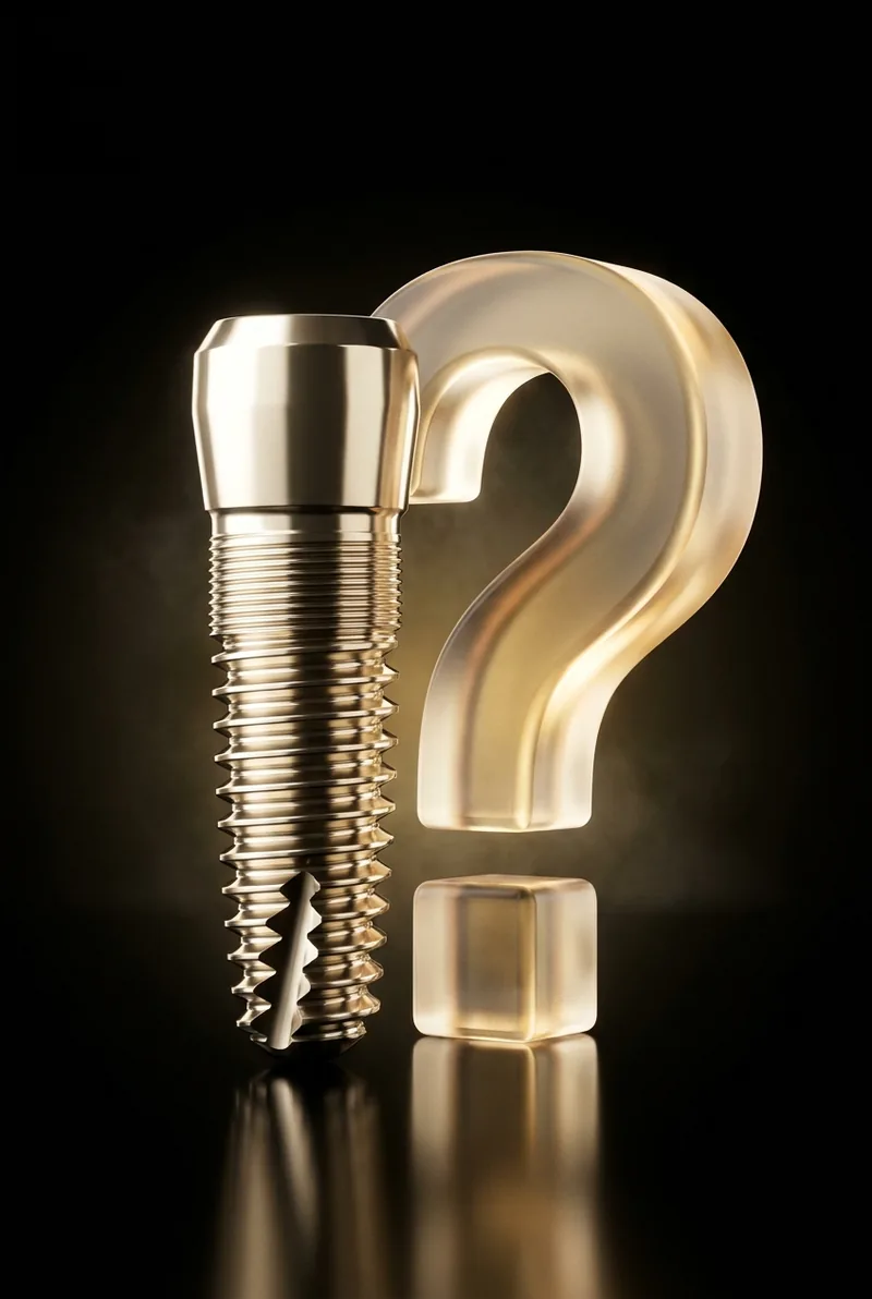 Luksuzni 3D render zubnog implantata uz upitnik
